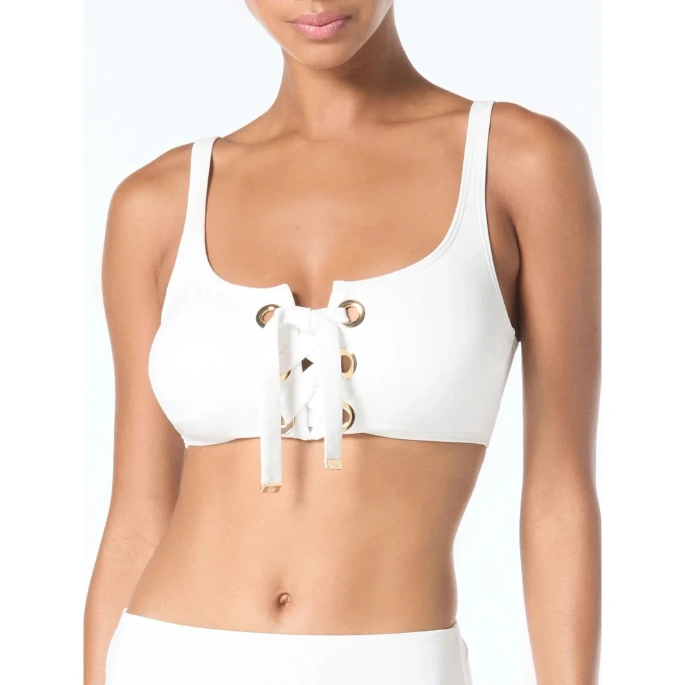 Michael Kors Bikini Top Women White Lace Up Grommet L $78